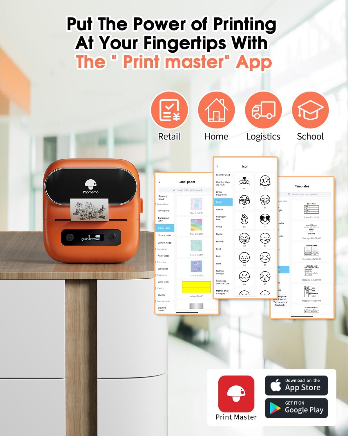 Phomemo M220 Bluetooth Thermal Label Printer 3.14" Portable Barcode & Address Label Maker for Office, Home & Small Business (Compatible with Android, iOS & PC) – Orange