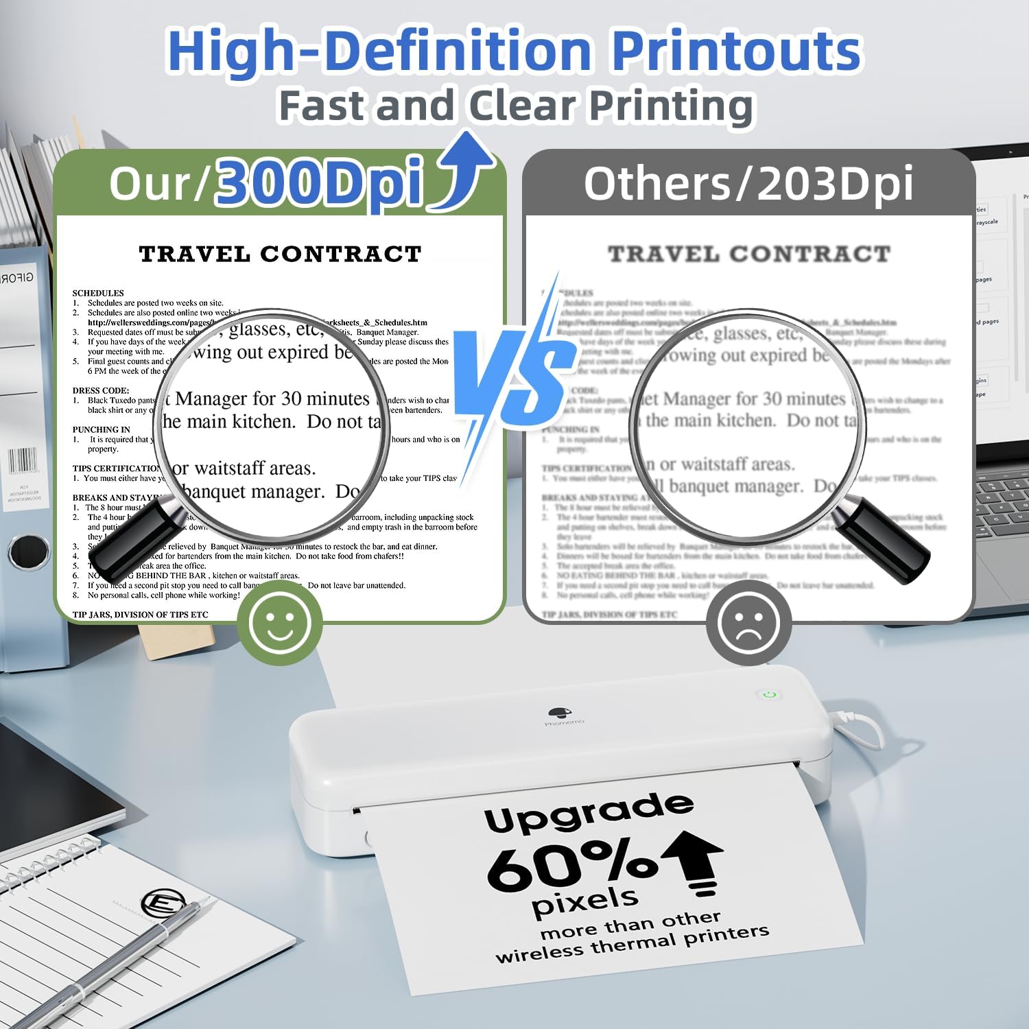 Phomemo M834 Portable Inkless Thermal Printer (Upgraded) – 300 DPI Wireless Mini Printer, Bluetooth Compatible with iOS, Android & PC, Multi-Size Paper Support for Travel, Office & School