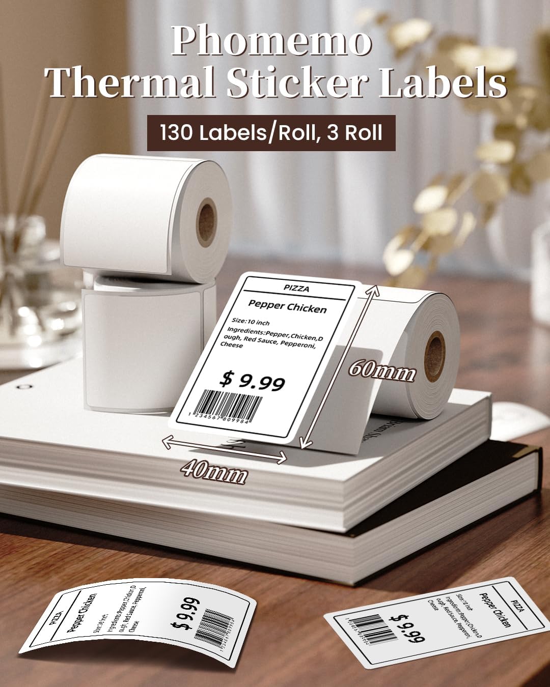 Phomemo 3 Rolls Multi-Purpose Thermal Labels 40x60mm (1.57"x2.36") – Black on White Self-Adhesive Sticker Labels for M110, M220, M221, M150, M120 – 130 Labels/Roll for Barcode, Retail, Mailing & Clothing