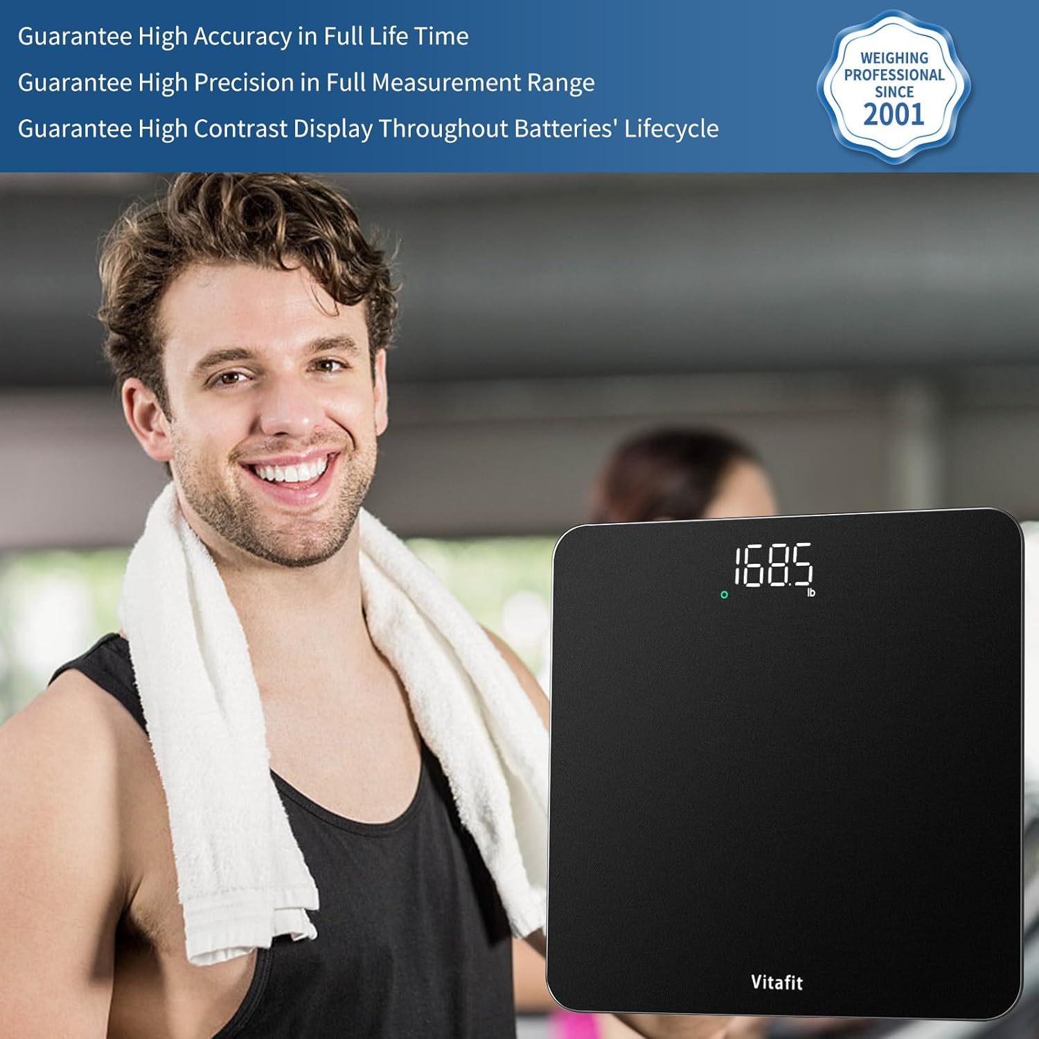 Vitafit Digital Weight Scale High Precision 0.05kg Accuracy Bathroom Weighing Machine, LED Display Step-On Technology, 182kg Capacity, Battery Included, Silver Black