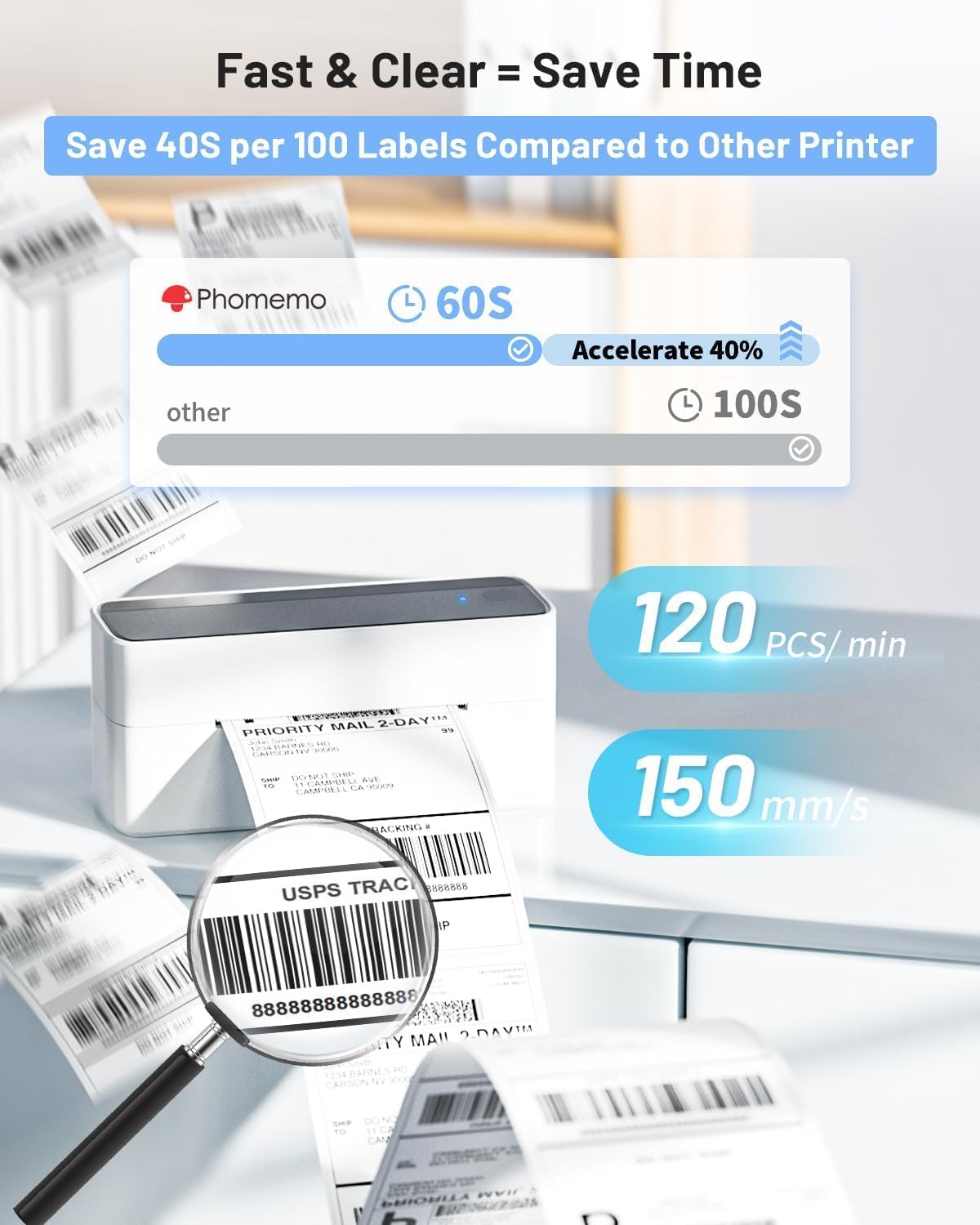 Phomemo Bluetooth Thermal Label Printer for Shipping – Wireless 4x6 Shipping Label Printer for Small Business, Compatible with iPhone, Android, iPad & PC, Works with Amazon, eBay, Shopify, USPS, DHL, Temu