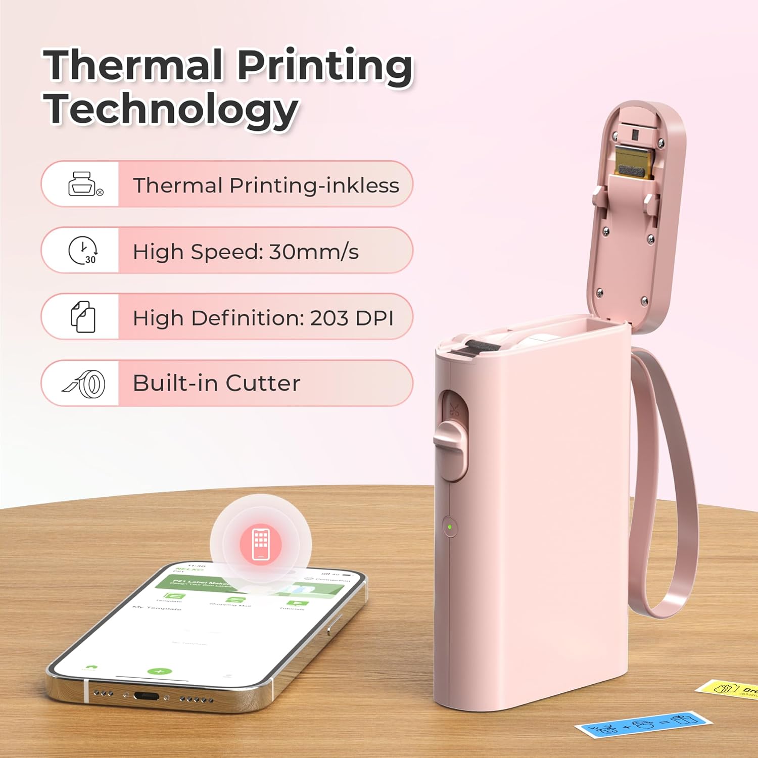 Nelko P21 Bluetooth Label Printer – Portable Wireless Mini Label Maker for iOS & Android, Self-Adhesive Thermal Printing Machine for Home, Office & Organization – Pink
