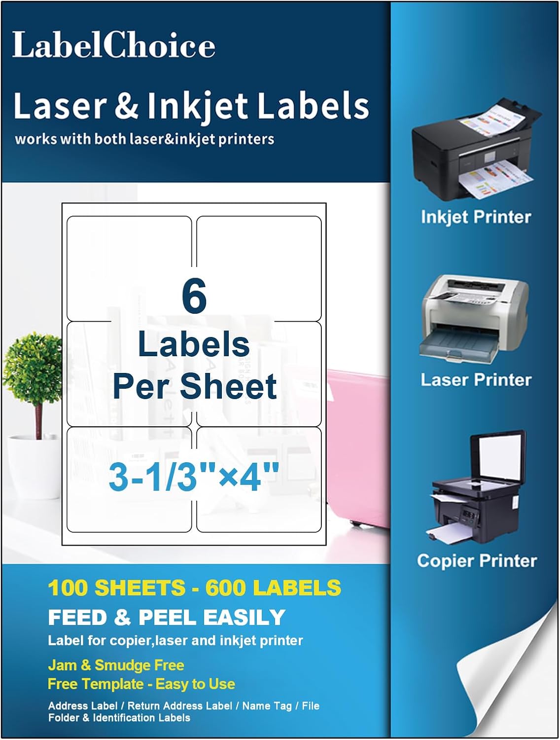 3-1/3" x 4" Shipping Address Labels – 600 Labels (100 Sheets, 6 per Sheet) for Laser & Inkjet Printers, Self-Adhesive Mailing Labels, Printable Shipping Stickers