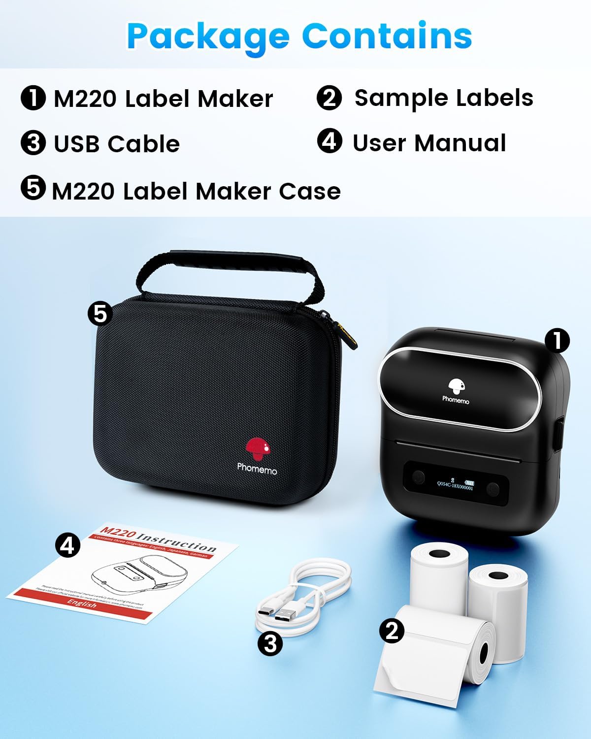 Phomemo M220 Bluetooth Thermal Label Maker – Portable Barcode & Sticker Printer for Small Business, Compatible with Android & iOS, Includes 3 Label Rolls & Carry Case