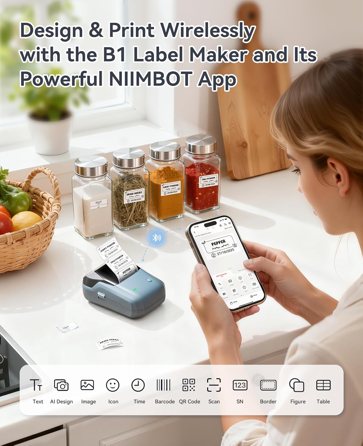 NIIMBOT B1 Bluetooth Label Maker Machine, 2 Inch Thermal Label Printer with Free Tape, Portable Shipping Label Printer for Small Business, Price Tag, Barcode & Home Office Organization