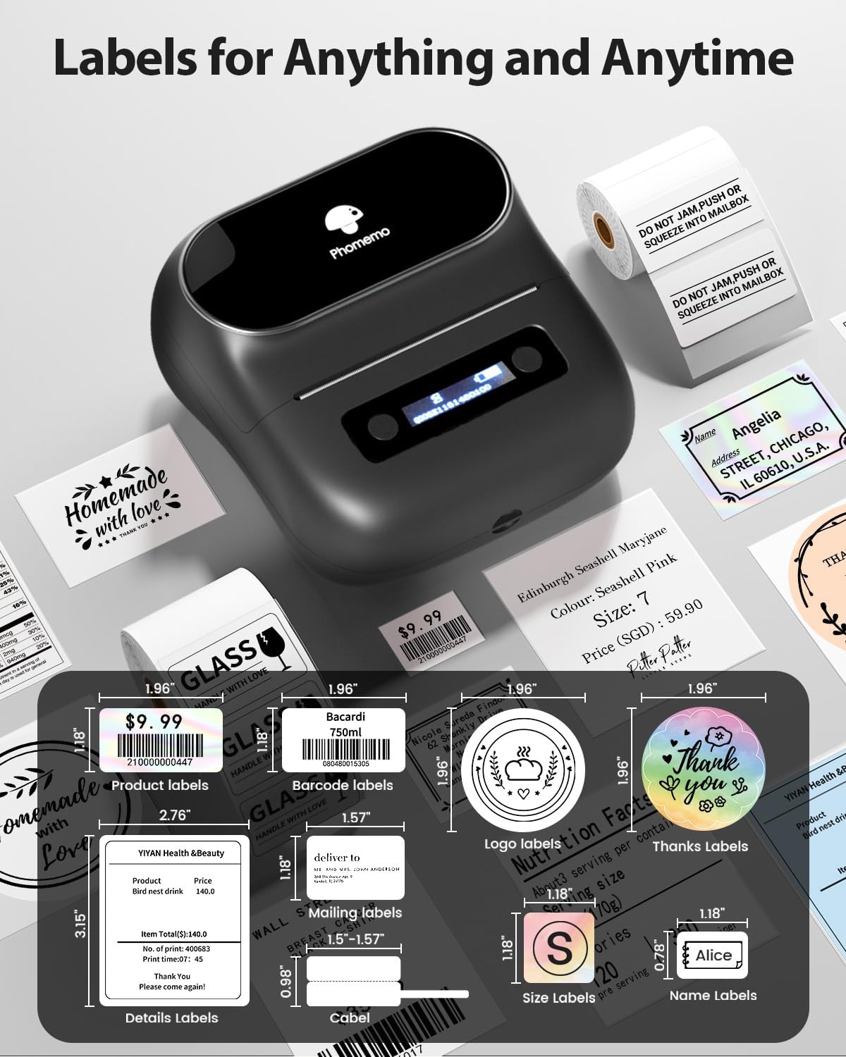 Phomemo M220 Bluetooth Label Maker – 3 Inch Thermal Label Printer for Barcode, Shipping & Clothing Labels | Portable Sticker Printer for Small Business | Compatible with iOS, Android & PC