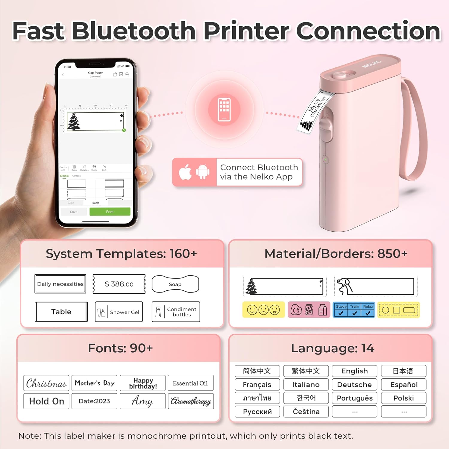 Nelko P21 Bluetooth Label Printer – Portable Wireless Mini Label Maker for iOS & Android, Self-Adhesive Thermal Printing Machine for Home, Office & Organization – Pink