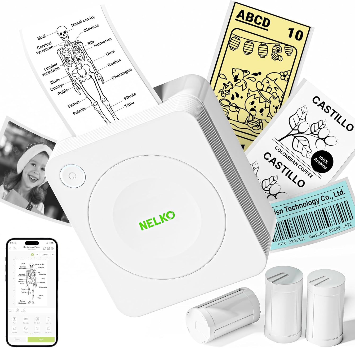 Nelko PM230 Print Pod Mini Bluetooth Sticker Printer – Portable Thermal Label & Sticker Maker with 3 Rolls Paper, Wireless Mobile Printer for Phone & Tablet, DIY Templates, White