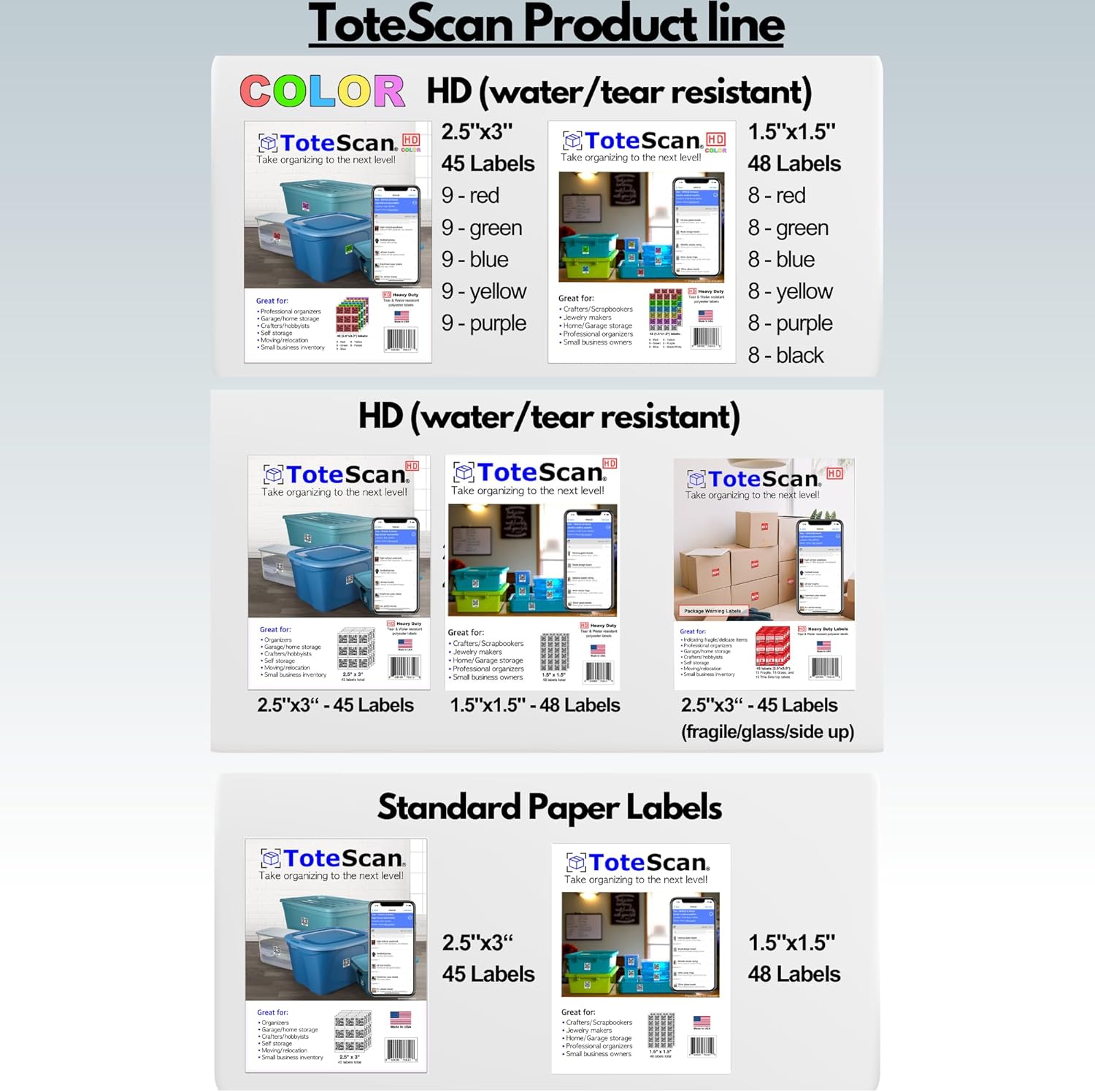 ToteScan Intelligent QR Code Labels for Storage & Moving – 45 Unique Smart Labels, 2.5" x 3" – Scan & Track Boxes Easily for Home Organization & Inventory Management