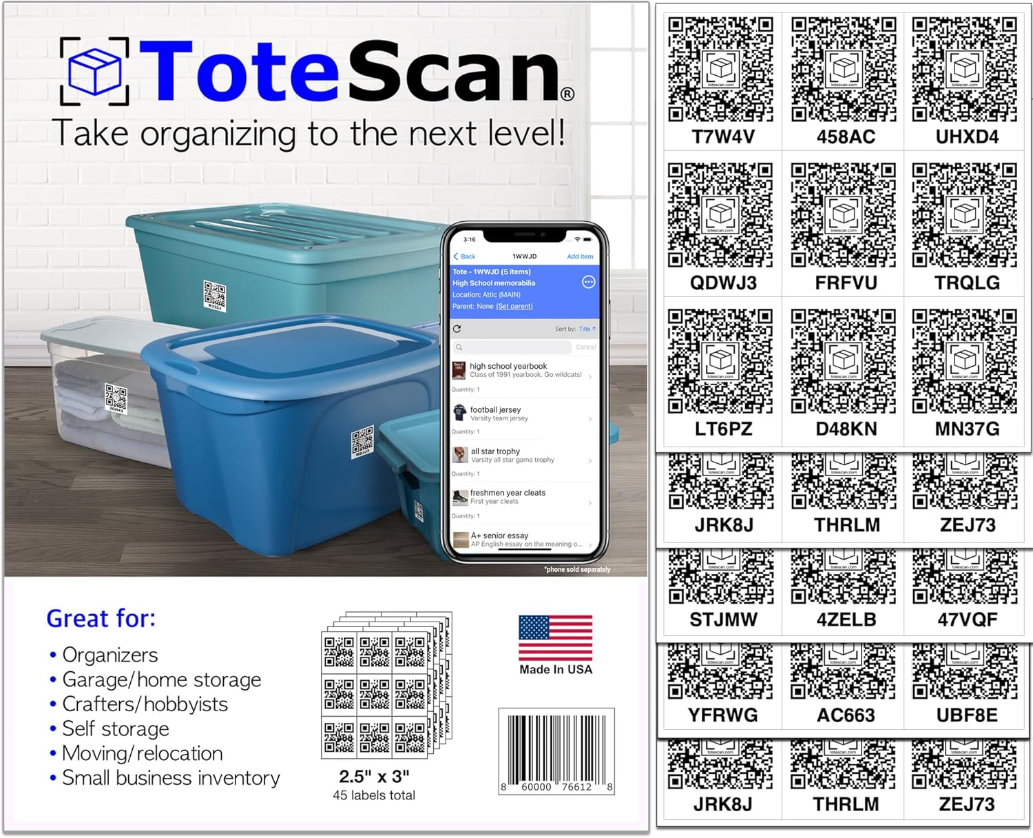 ToteScan Intelligent QR Code Labels for Storage & Moving – 45 Unique Smart Labels, 2.5" x 3" – Scan & Track Boxes Easily for Home Organization & Inventory Management