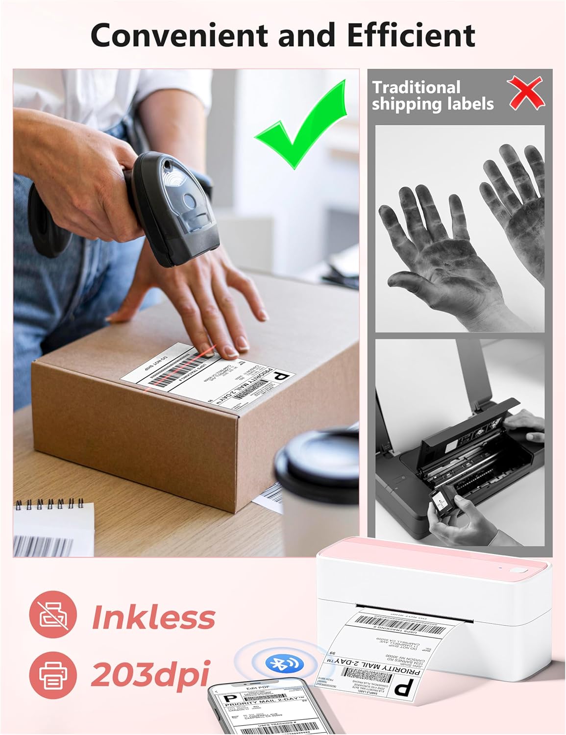 Phomemo 241BT Bluetooth Thermal Label Printer 4x6 – Wireless Shipping Label Maker for Small Business, Compatible with iPhone & Android, Works with Amazon, Shopify, USPS – Pink