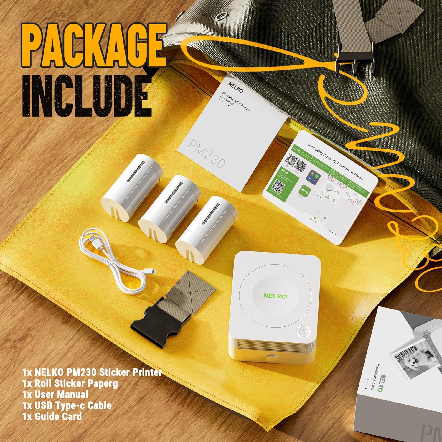 Nelko PM230 Print Pod Mini Bluetooth Sticker Printer – Portable Thermal Label & Sticker Maker with 3 Rolls Paper, Wireless Mobile Printer for Phone & Tablet, DIY Templates, White